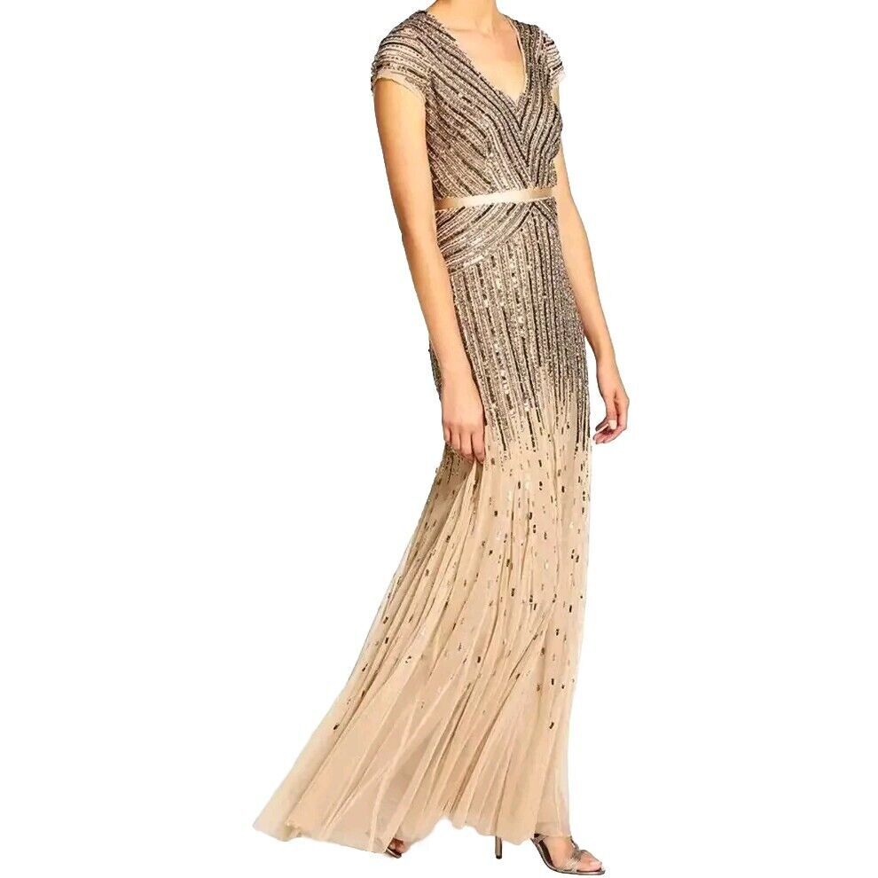 Adrianna Papell Beaded Nude V-Neck Bridesmaid Dress Formal Style 92868950 Sz 12